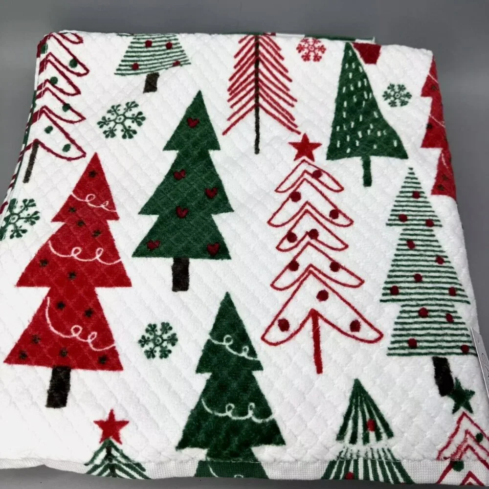 4pc Caro Christmas Tree Snowflake 2 Bath 2 Hand Towel Set Green Red White Cotton